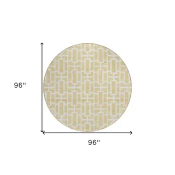 8' Wheat And Ivory Round Geometric Washable Indoor Outdoor Area Rug