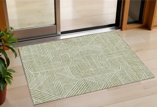 3' X 5' Artichoke Green And Ivory Abstract Washable Indoor Outdoor Area Rug