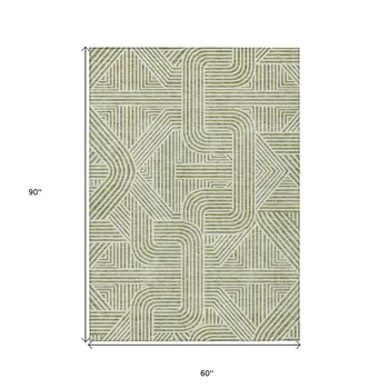 5' X 8' Artichoke Green And Ivory Abstract Washable Indoor Outdoor Area Rug