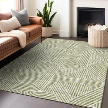 10' X 14' Artichoke Green And Ivory Abstract Washable Indoor Outdoor Area Rug