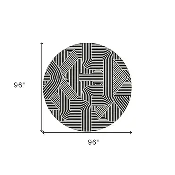 8' Black And Ivory Round Abstract Washable Indoor Outdoor Area Rug