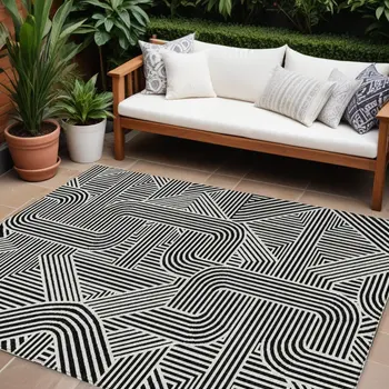 8' X 10' Black And Ivory Abstract Washable Indoor Outdoor Area Rug