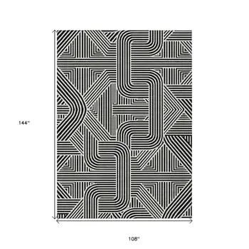 9' X 12' Black And Ivory Abstract Washable Indoor Outdoor Area Rug