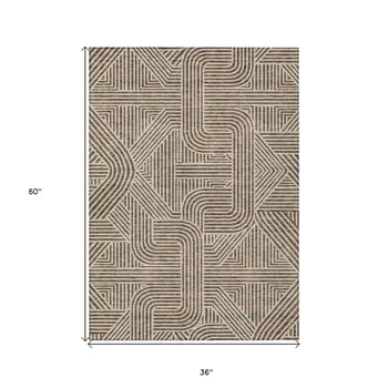 3' X 5' Brown And Beige Abstract Washable Indoor Outdoor Area Rug