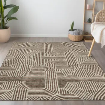 5' X 8' Brown And Beige Abstract Washable Indoor Outdoor Area Rug