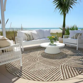 8' Brown And Beige Round Abstract Washable Indoor Outdoor Area Rug