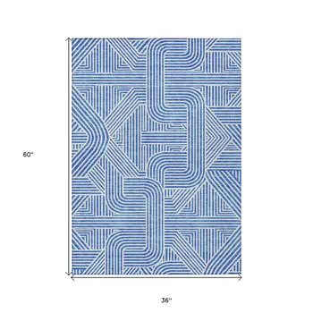 3' X 5' Blue And Ivory Abstract Washable Indoor Outdoor Area Rug