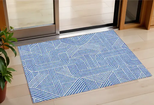 3' X 5' Blue And Ivory Abstract Washable Indoor Outdoor Area Rug