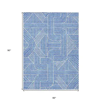 5' X 8' Blue And Ivory Abstract Washable Indoor Outdoor Area Rug