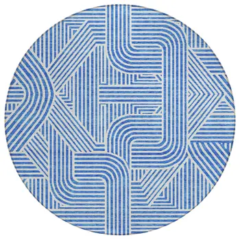 8' Blue And Ivory Round Abstract Washable Indoor Outdoor Area Rug