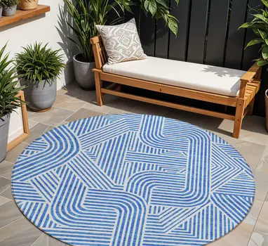 8' Blue And Ivory Round Abstract Washable Indoor Outdoor Area Rug