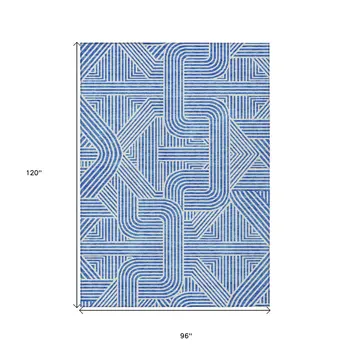 8' X 10' Blue And Ivory Abstract Washable Indoor Outdoor Area Rug