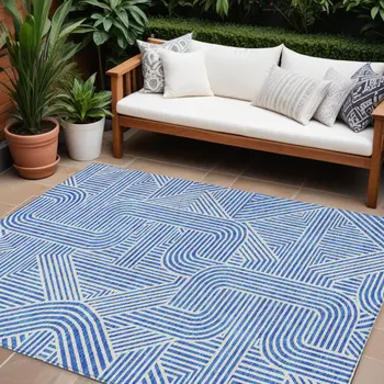 8' X 10' Blue And Ivory Abstract Washable Indoor Outdoor Area Rug