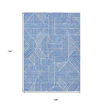 9' X 12' Blue And Ivory Abstract Washable Indoor Outdoor Area Rug