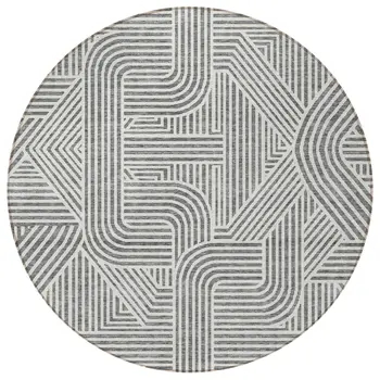 8' Gray And Ivory Round Abstract Washable Indoor Outdoor Area Rug