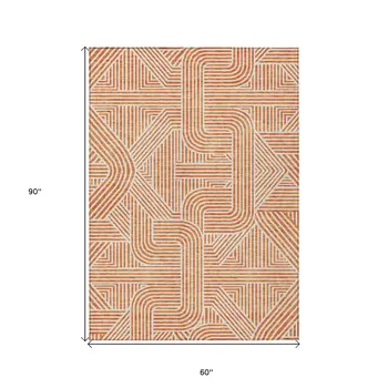 5' X 8' Orange And Ivory Abstract Washable Indoor Outdoor Area Rug