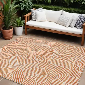 8' X 10' Orange And Ivory Abstract Washable Indoor Outdoor Area Rug