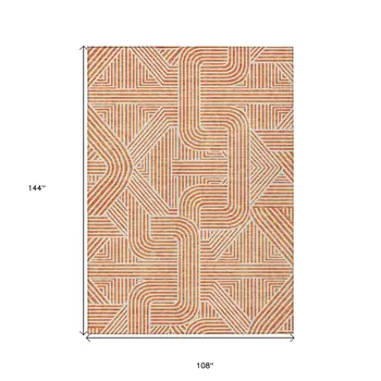 9' X 12' Orange And Ivory Abstract Washable Indoor Outdoor Area Rug