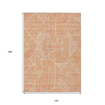 10' X 14' Orange And Ivory Abstract Washable Indoor Outdoor Area Rug
