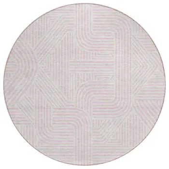 8' Pink And Ivory Round Abstract Washable Indoor Outdoor Area Rug