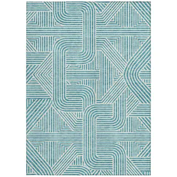 3' X 5' Teal Blue And Ivory Abstract Washable Indoor Outdoor Area Rug
