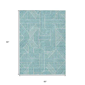 5' X 8' Teal Blue And Ivory Abstract Washable Indoor Outdoor Area Rug