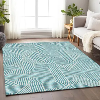 5' X 8' Teal Blue And Ivory Abstract Washable Indoor Outdoor Area Rug