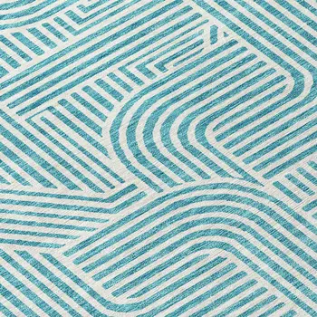 8' Teal Blue And Ivory Round Abstract Washable Indoor Outdoor Area Rug