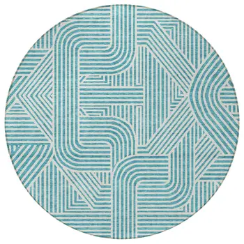 8' Teal Blue And Ivory Round Abstract Washable Indoor Outdoor Area Rug