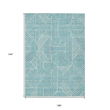 9' X 12' Teal Blue And Ivory Abstract Washable Indoor Outdoor Area Rug