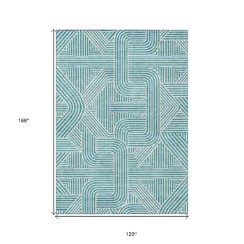 10' X 14' Teal Blue And Ivory Abstract Washable Indoor Outdoor Area Rug