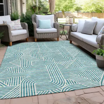 10' X 14' Teal Blue And Ivory Abstract Washable Indoor Outdoor Area Rug