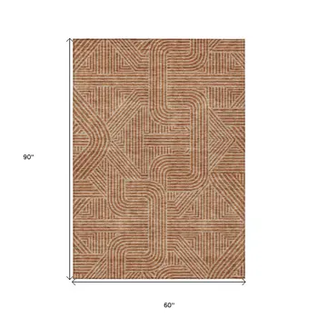 5' X 8' Terra Cotta And Brown Abstract Washable Indoor Outdoor Area Rug