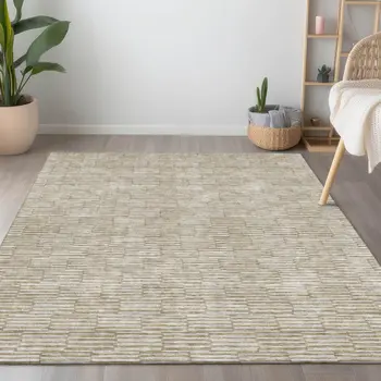 9' X 12' Beige And Ivory Geometric Washable Indoor Outdoor Area Rug