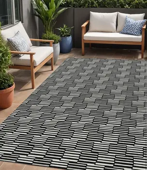 5' X 8' Black And Ivory Geometric Washable Indoor Outdoor Area Rug