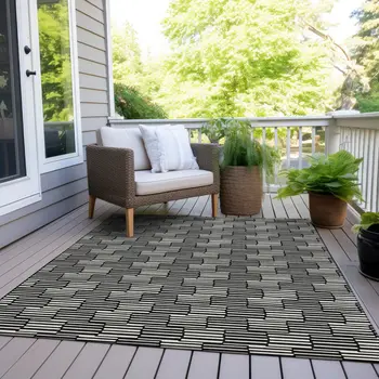 5' X 8' Black And Ivory Geometric Washable Indoor Outdoor Area Rug