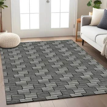 5' X 8' Black And Ivory Geometric Washable Indoor Outdoor Area Rug