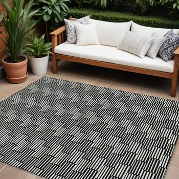 8' X 10' Black And Ivory Geometric Washable Indoor Outdoor Area Rug