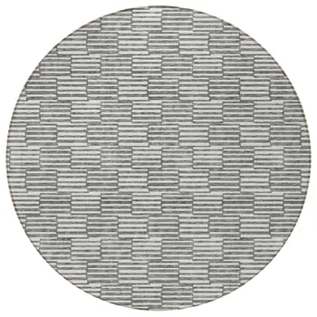 8' Gray And Ivory Round Geometric Washable Indoor Outdoor Area Rug