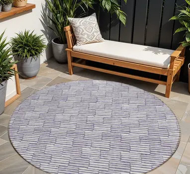 8' Lilac And Ivory Round Geometric Washable Indoor Outdoor Area Rug