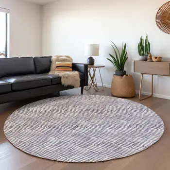 8' Lilac And Ivory Round Geometric Washable Indoor Outdoor Area Rug