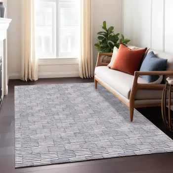 9' X 12' Lilac And Ivory Geometric Washable Indoor Outdoor Area Rug