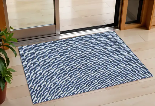 3' X 5' Navy Blue And Ivory Geometric Washable Indoor Outdoor Area Rug