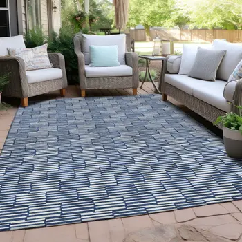 5' X 8' Navy Blue And Ivory Geometric Washable Indoor Outdoor Area Rug