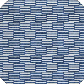 8' Navy Blue And Ivory Round Geometric Washable Indoor Outdoor Area Rug