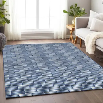 8' X 10' Navy Blue And Ivory Geometric Washable Indoor Outdoor Area Rug