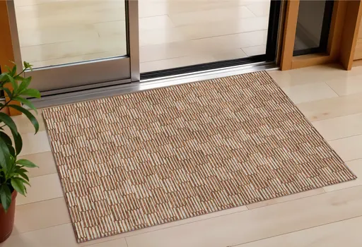 3' X 5' Copper And Beige Geometric Washable Indoor Outdoor Area Rug