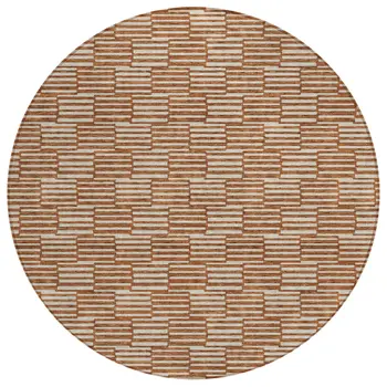 8' Copper And Beige Round Geometric Washable Indoor Outdoor Area Rug