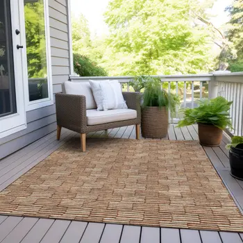 8' X 10' Copper And Beige Geometric Washable Indoor Outdoor Area Rug
