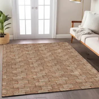 8' X 10' Copper And Beige Geometric Washable Indoor Outdoor Area Rug